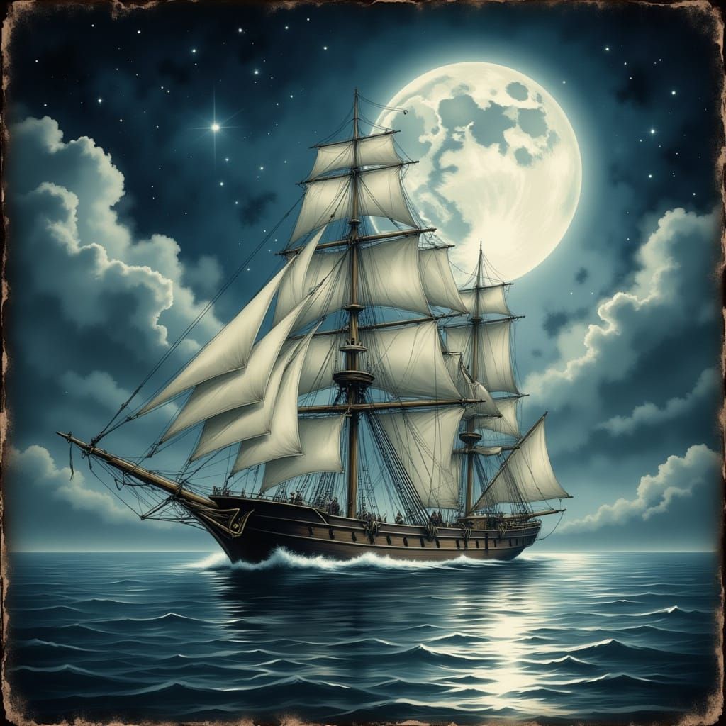 A magnificent tall ship sails beneath a luminous full moon, ...