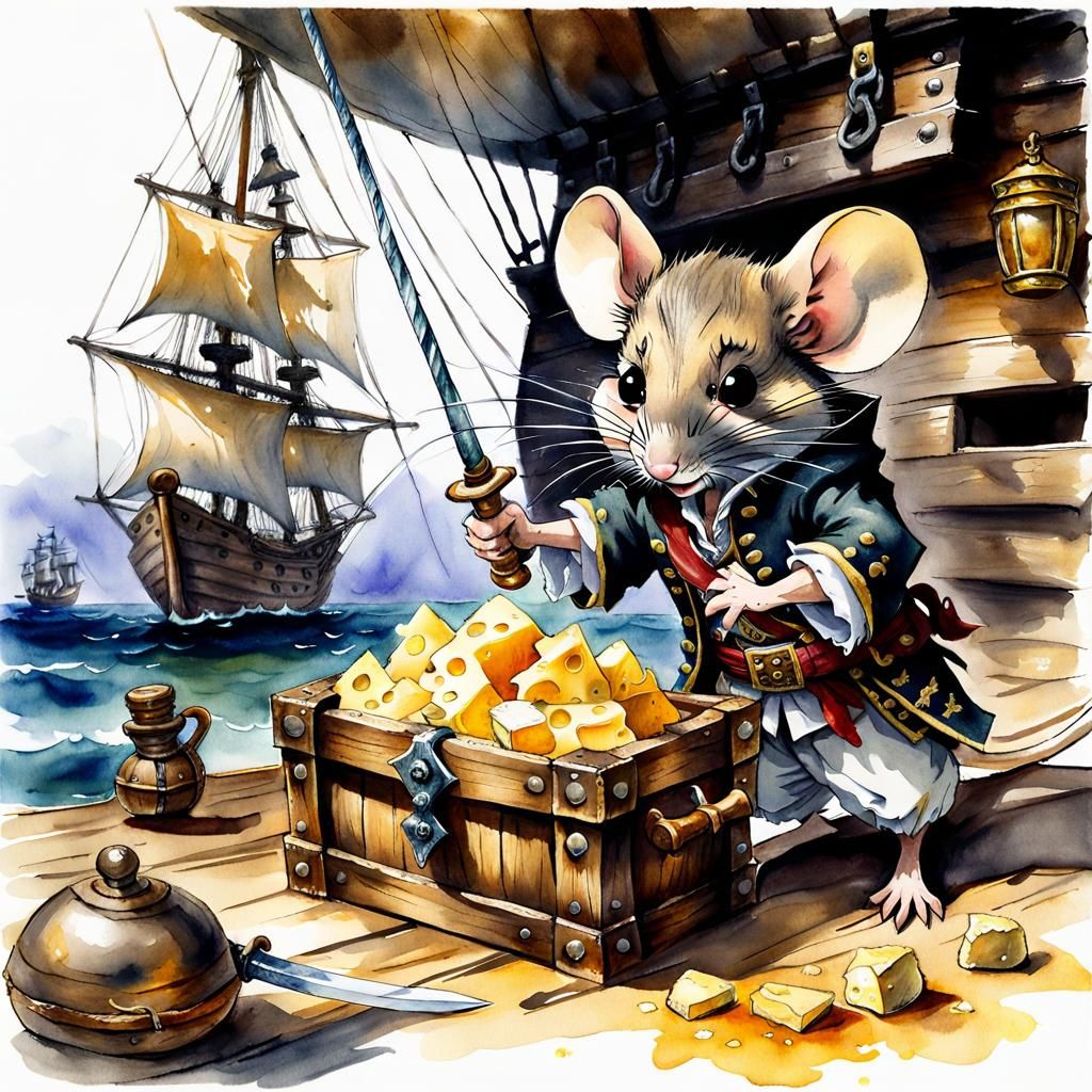 Chibi Pirate Mouse Defends Cheese, Watercolor Style