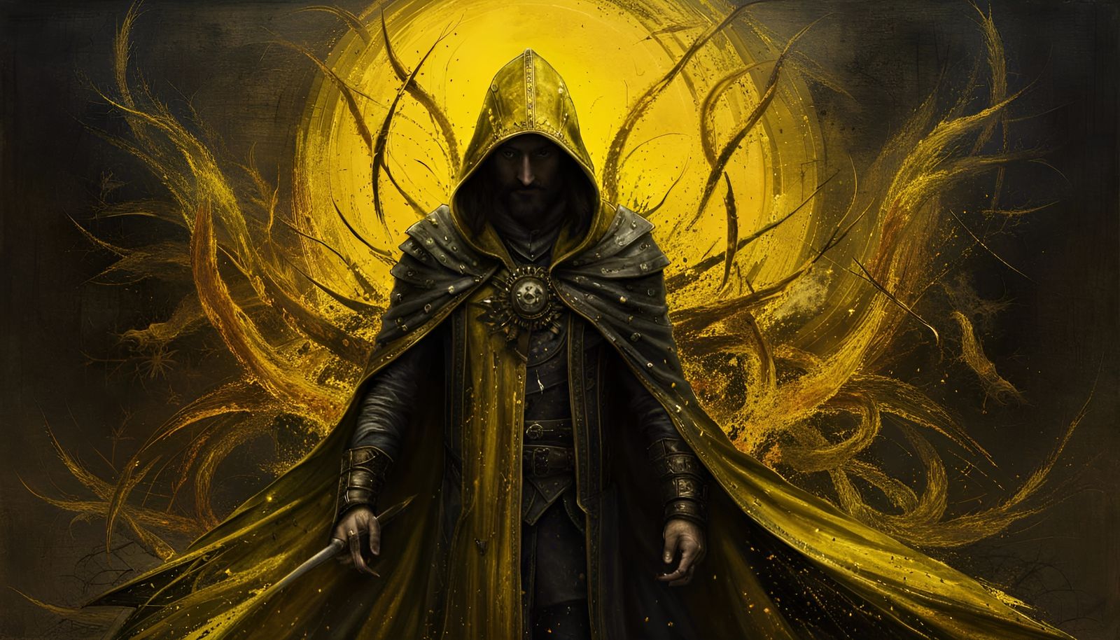 Hooded Figure Invoking Chaos: Mixed Media Illustration