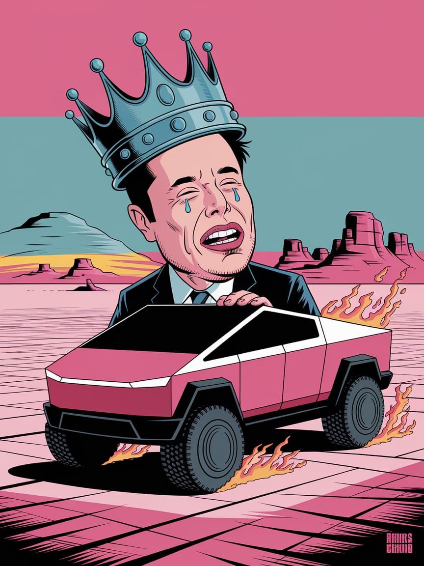 Elon Musk Crying on Burning Cybertruck, Cartoon Realism