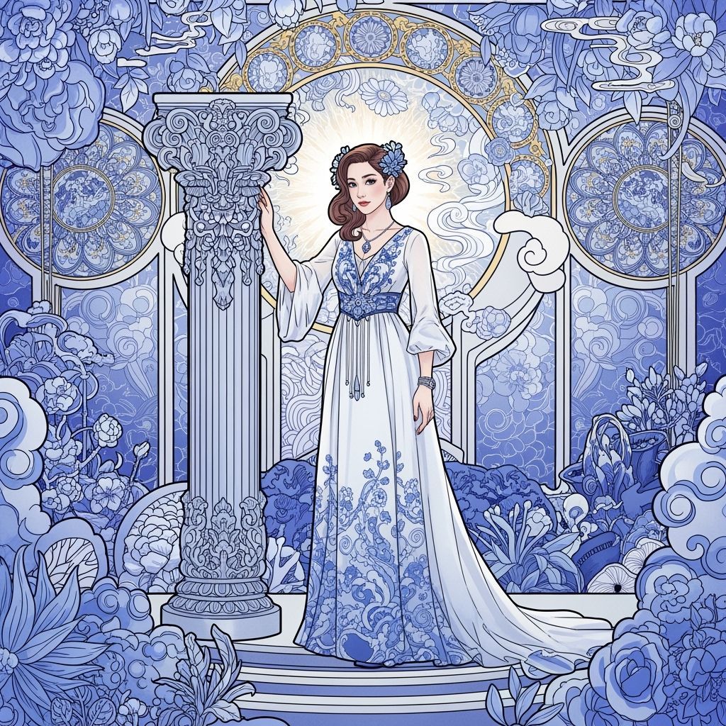 Elegant Singer in China Blue Setting, Art Nouveau Style
