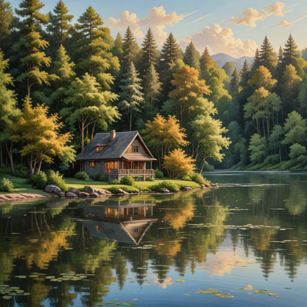 Idyllic Lakehouse Scene in Soft Oil Painting Style