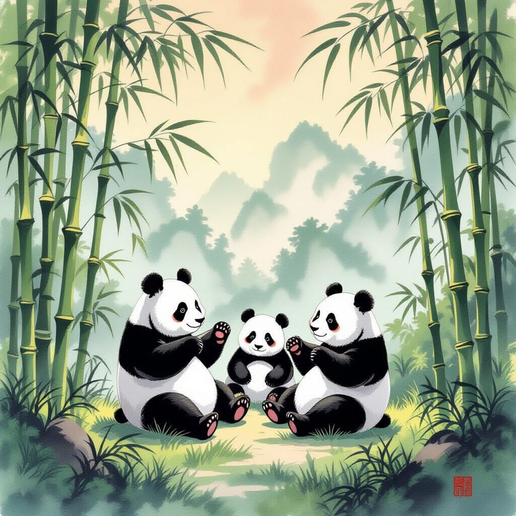 Pandas Play in Bamboo Forest Chinese Ink Painting