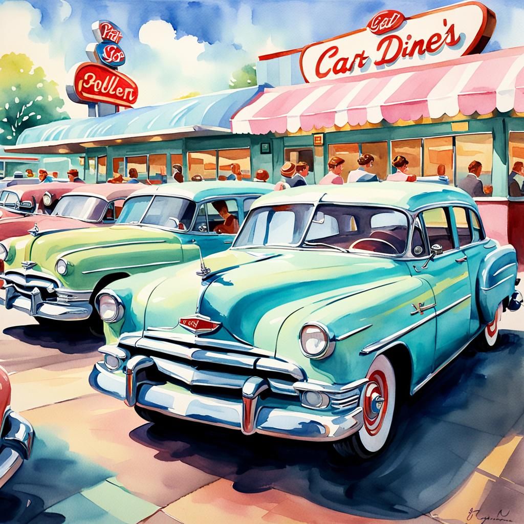 1950s Car Hop Scene in Watercolor Impressionism