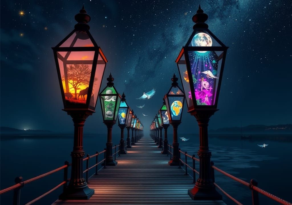 Surreal Lamp Posts on a Pier at Night