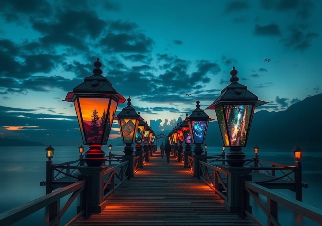 Surreal Lamps on a Pier with Magic Worlds