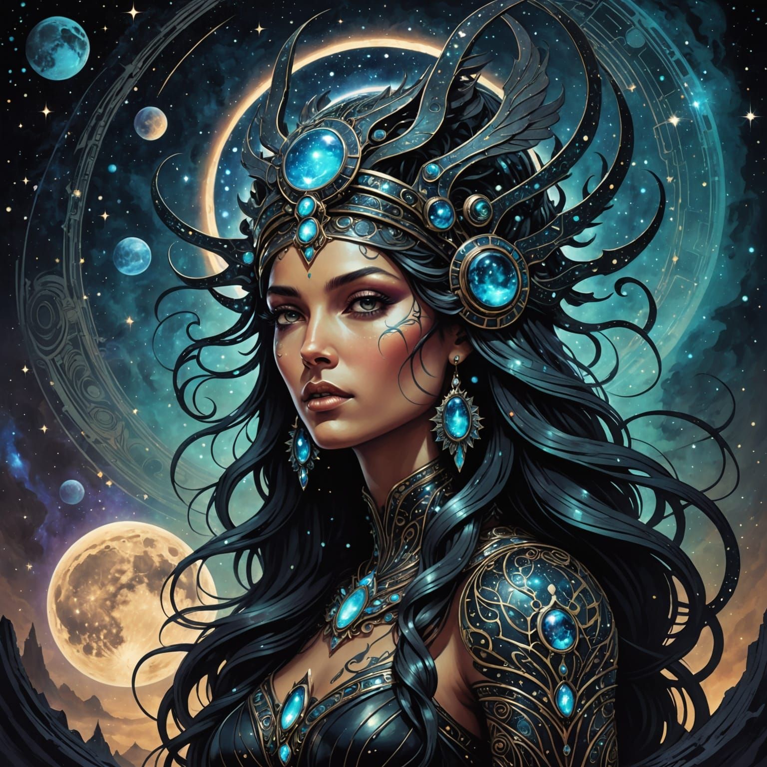 Celestial Goddess in Art Nouveau Style