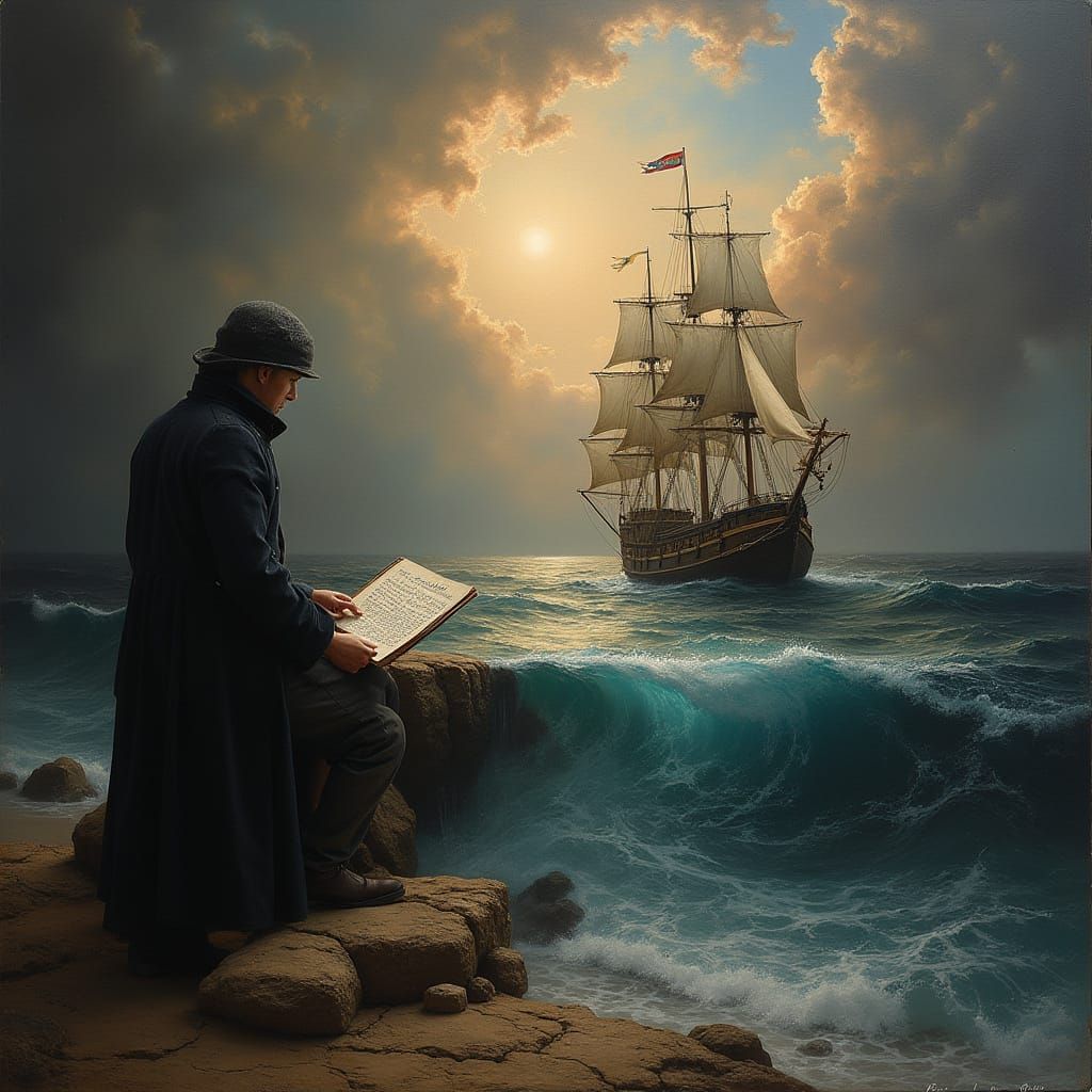 um artista escultor e surreal segura um quadro com as mãos apresentando iluminação suave e em um dos lados da coluna um ...