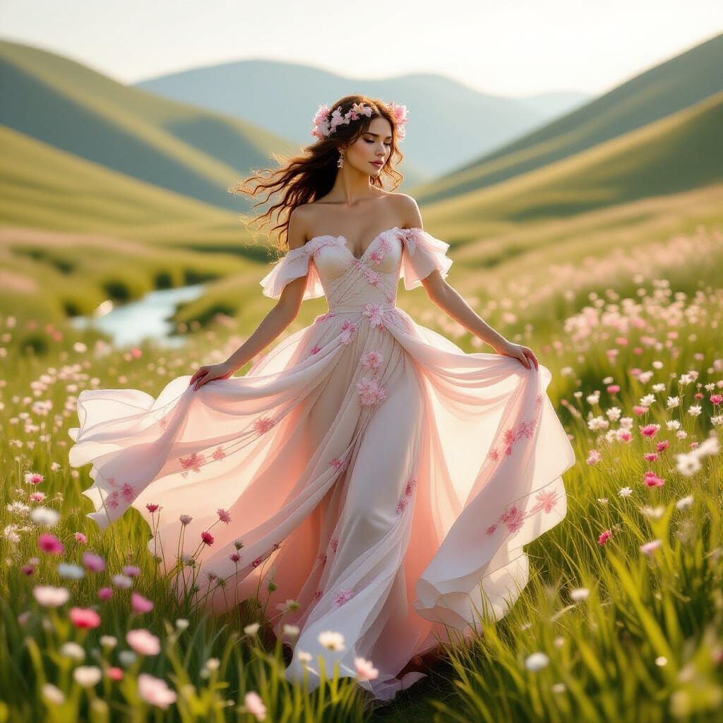 Ethereal Spring Goddess in a Sun-Drenched Meadow