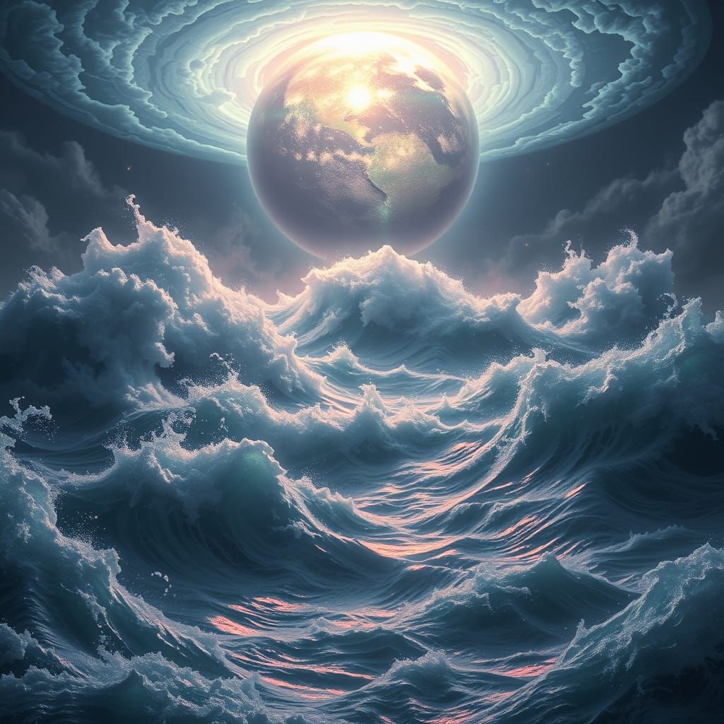 Ethereal Stormy Seascape with Alien Planet in Osmium and Iri...