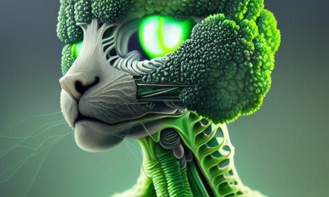 Cybernetic Broccoli Cat Robot in Digital Art Style