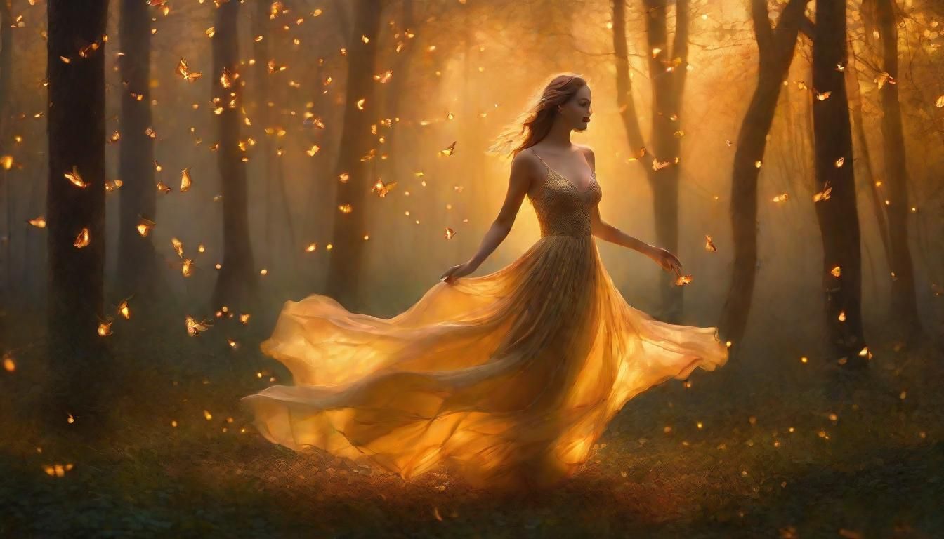 Ethereal Woman Dancing in Mystical Forest Clearing