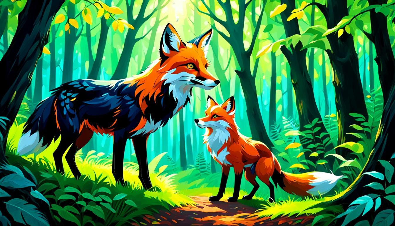 Fox and Crow in Psychedelic Forest: Concept Art