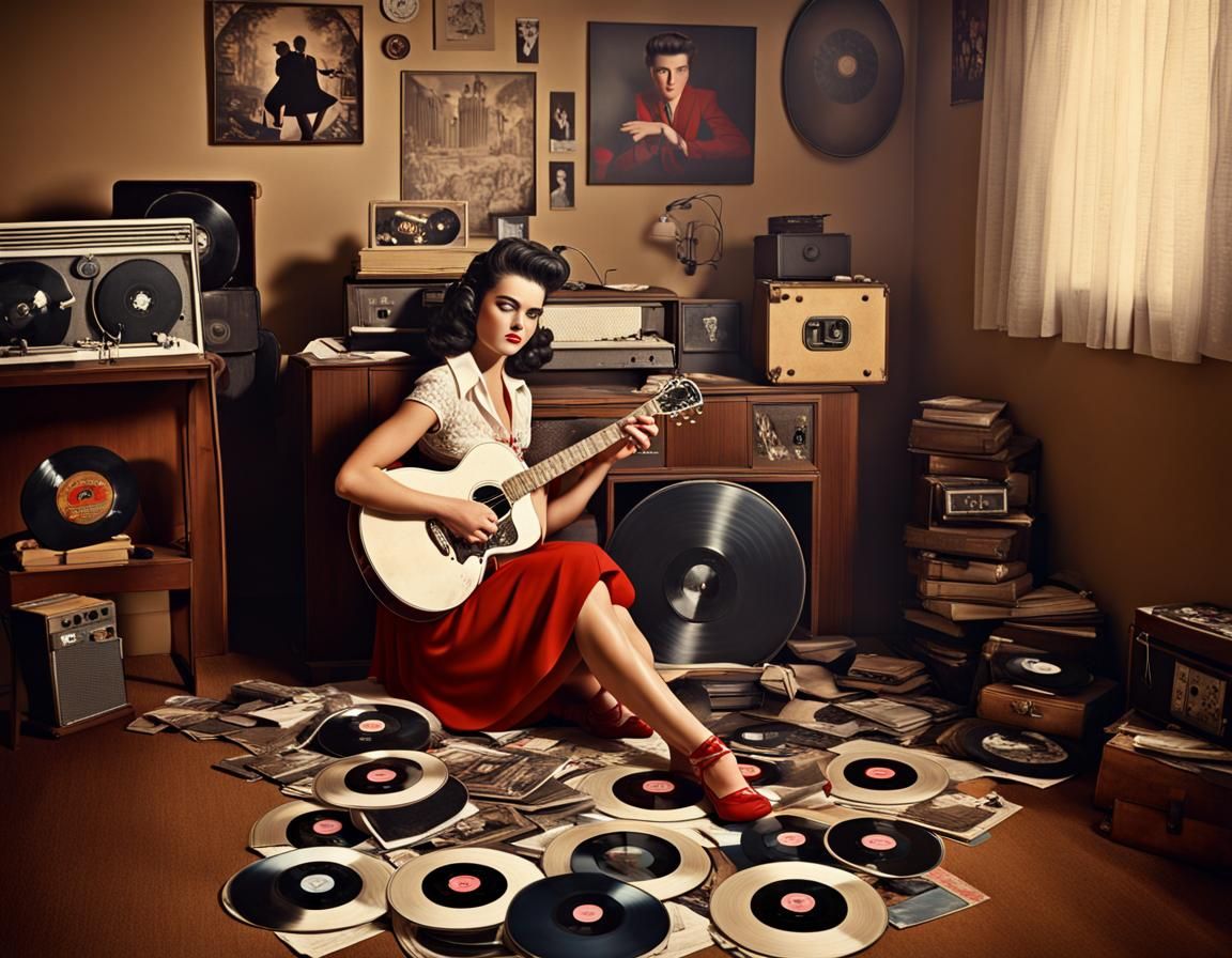 1950s Teen Girl with Elvis Records: Digital Painting