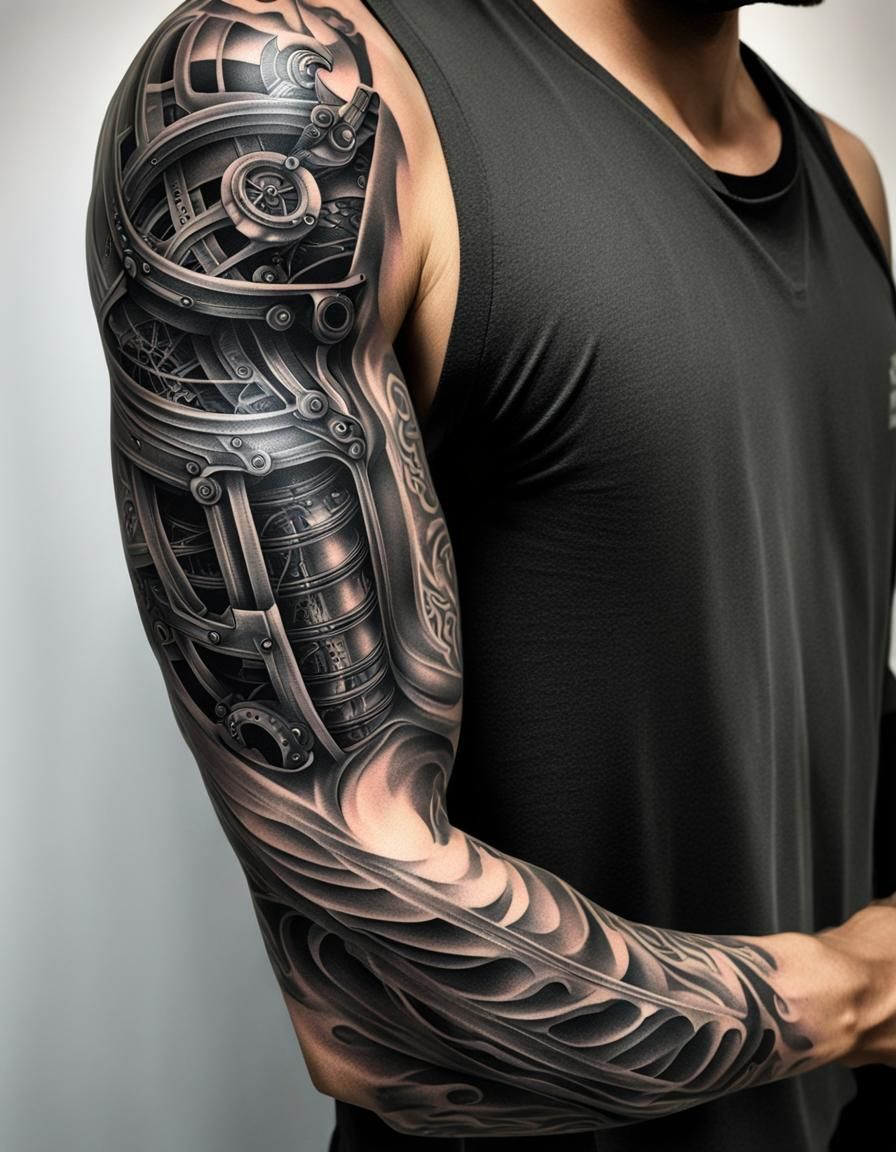 black and grey, biomechanical, back of arm tattoo; Full arm tattoo following anatomy lines,