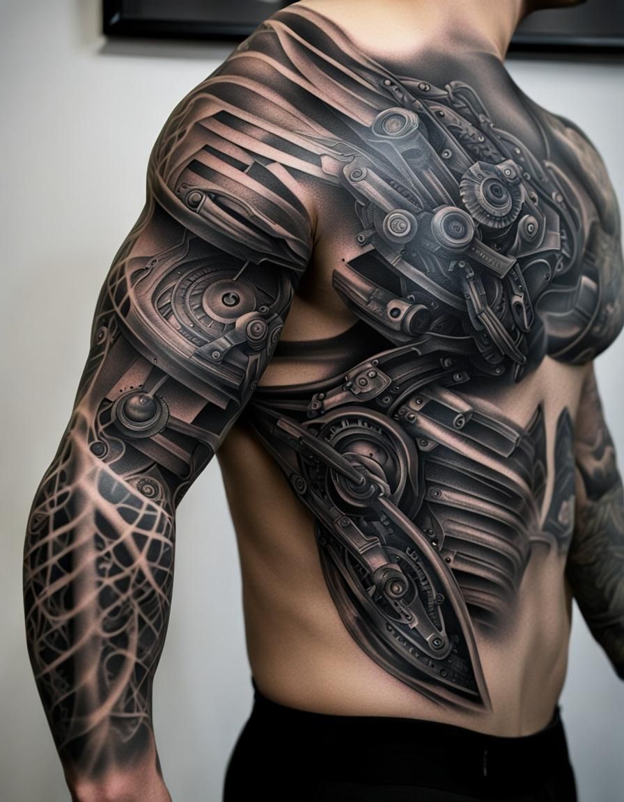 black and grey, biomechanical, back of arm tattoo; Full arm tattoo following anatomy lines,