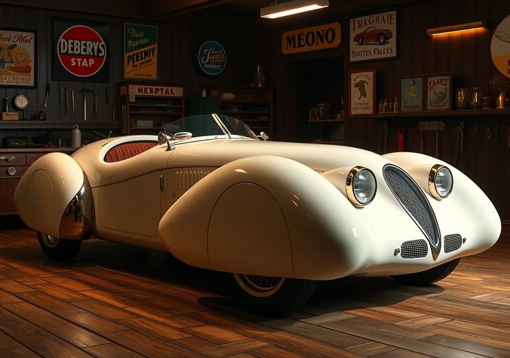 Retro-Futuristic 1930s Speedster in Vintage Garage