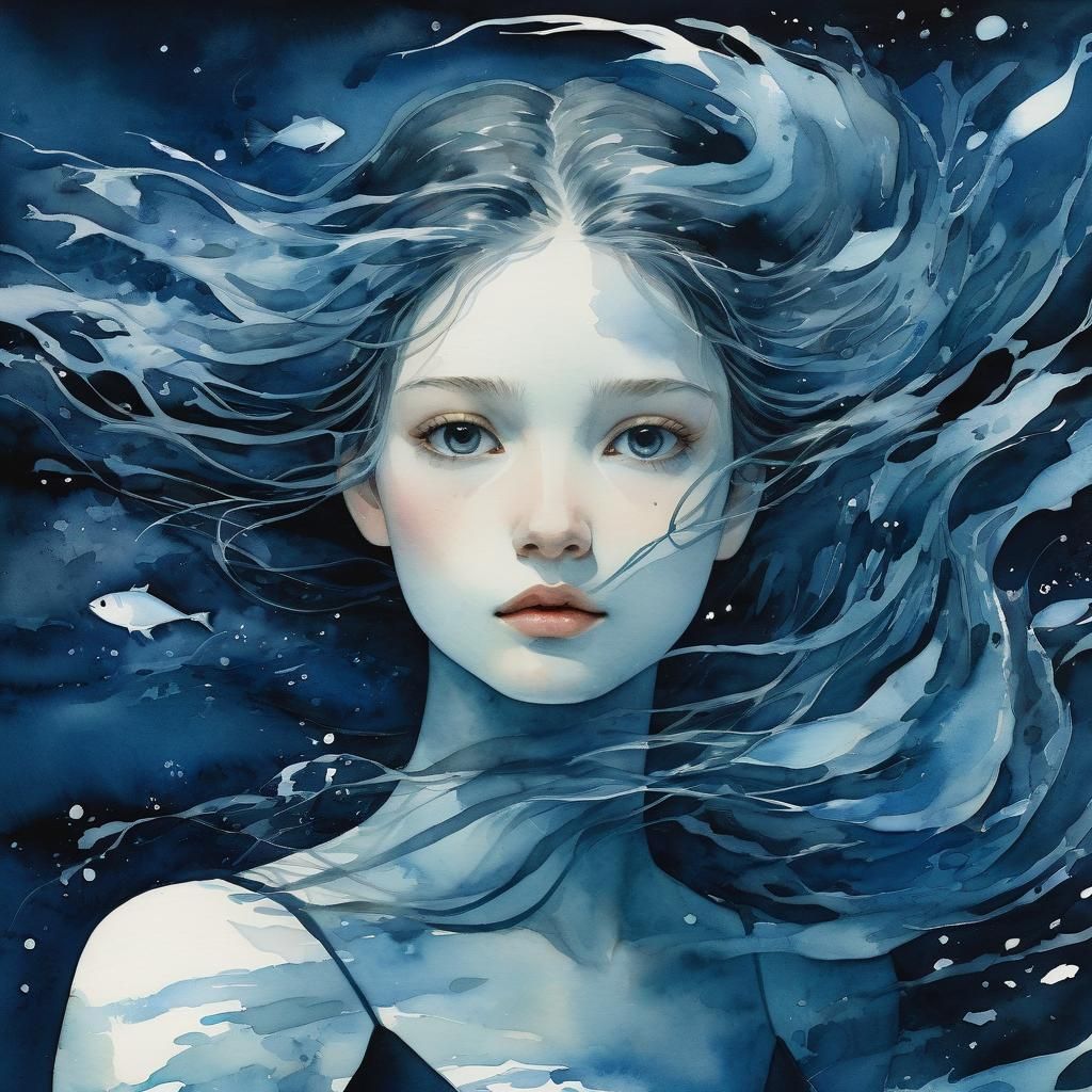 Underwater Woman's Face in Watercolor