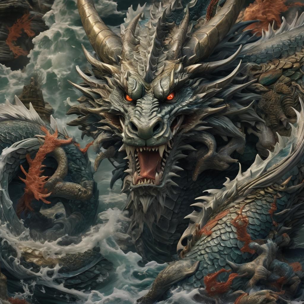 Ryūjin: Japanese Dragon God in Hyperrealistic Style