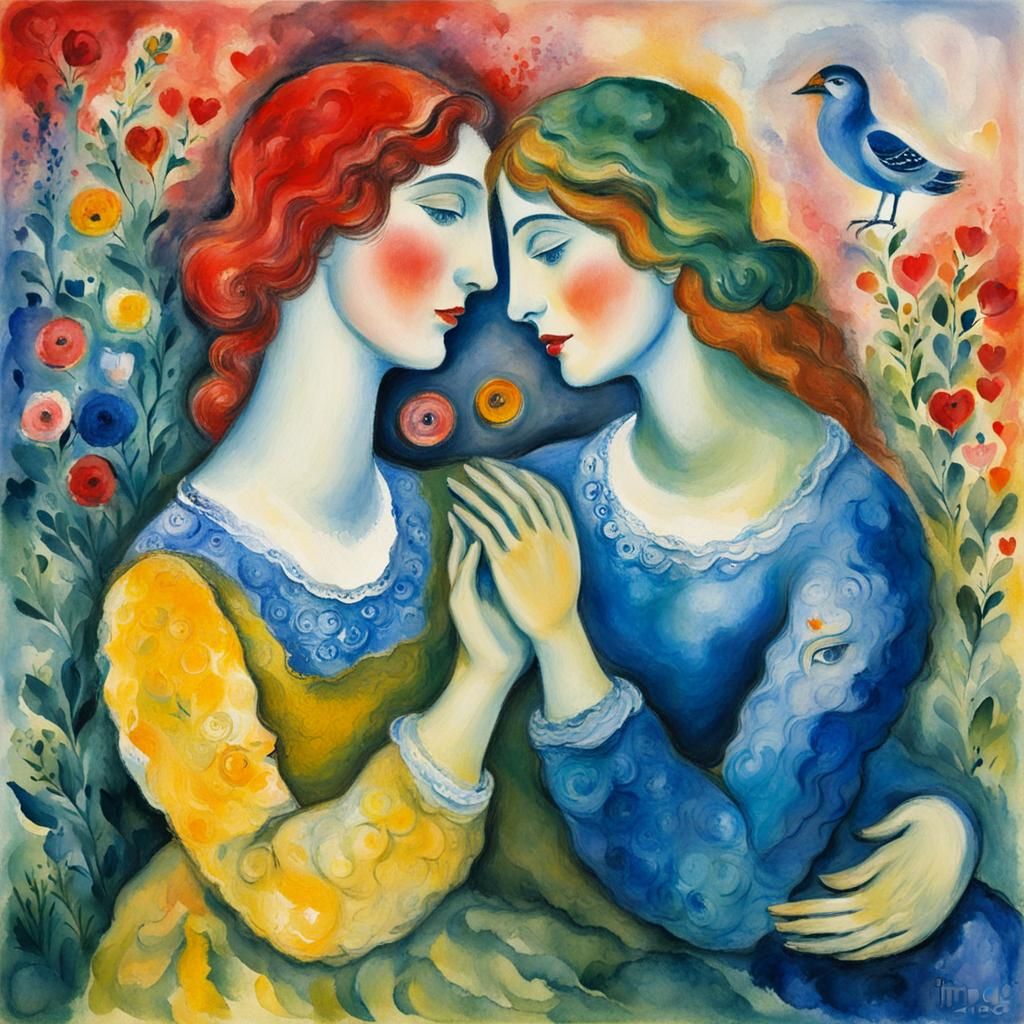Two Women in Love: Gouache Impressionist Painting