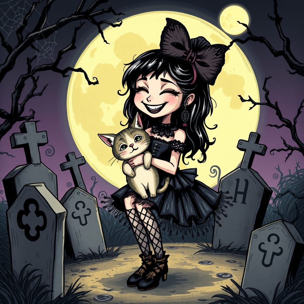Goth Girl and Three-Legged Cat in Burtonesque Cartoon