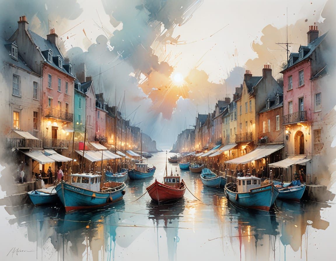 Sun-Drenched Harbour with Boats in Golden Hour