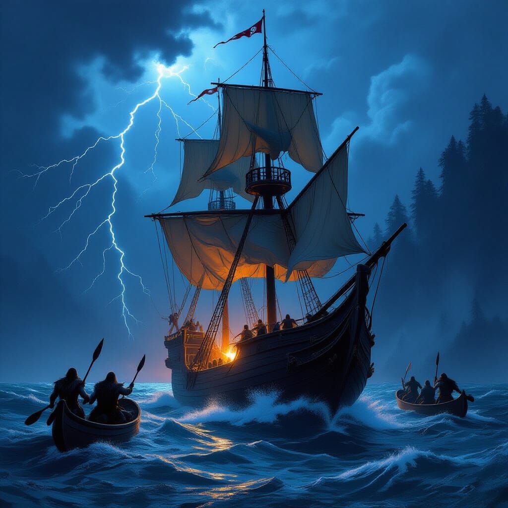 Tall Ship Battles Orc Raiders in Stormy Seas