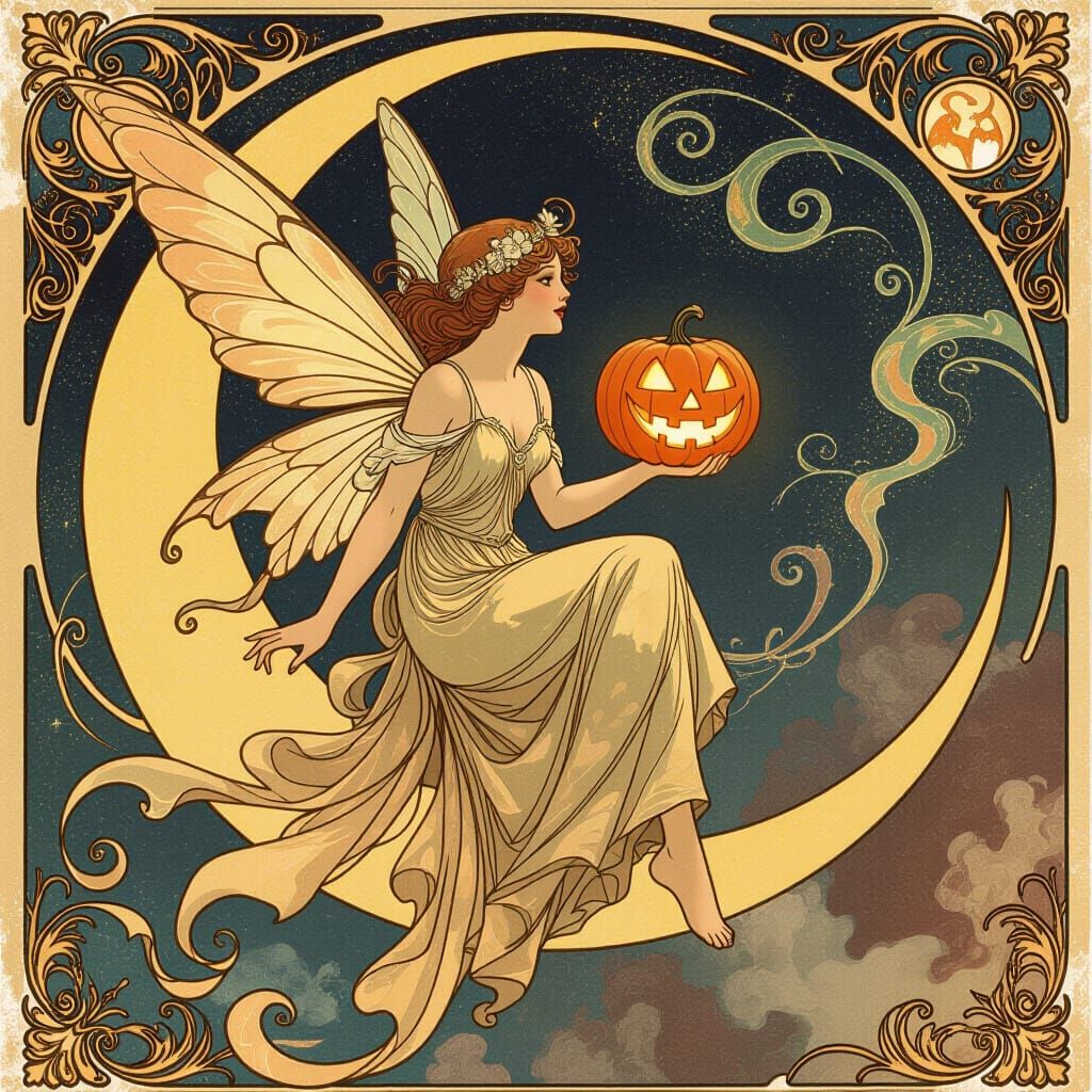 Art Nouveau Fairy on Moon with Jack-o'-Lantern