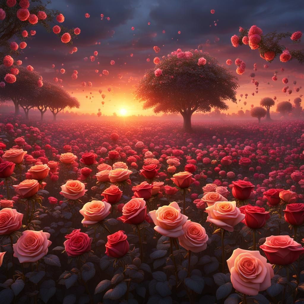 Sunset Over a Colorful Rose Field