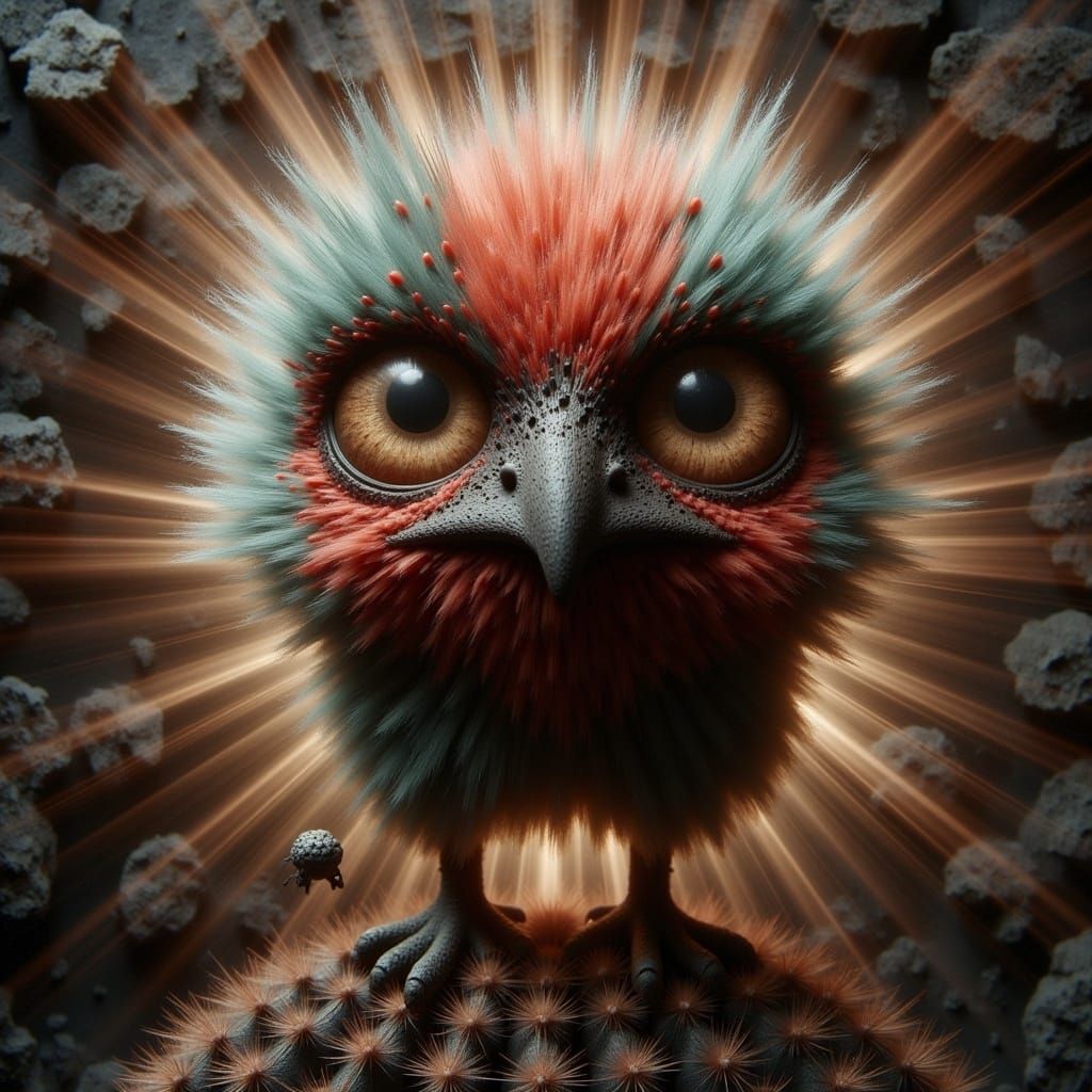 Colorful Fluffy Vulture on Cactus with Glowing Cracks