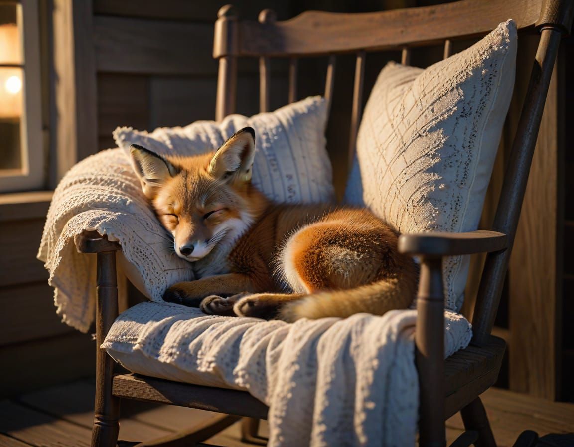 Baby Fox Asleep in Rocking Chair on Farmhouse Porch