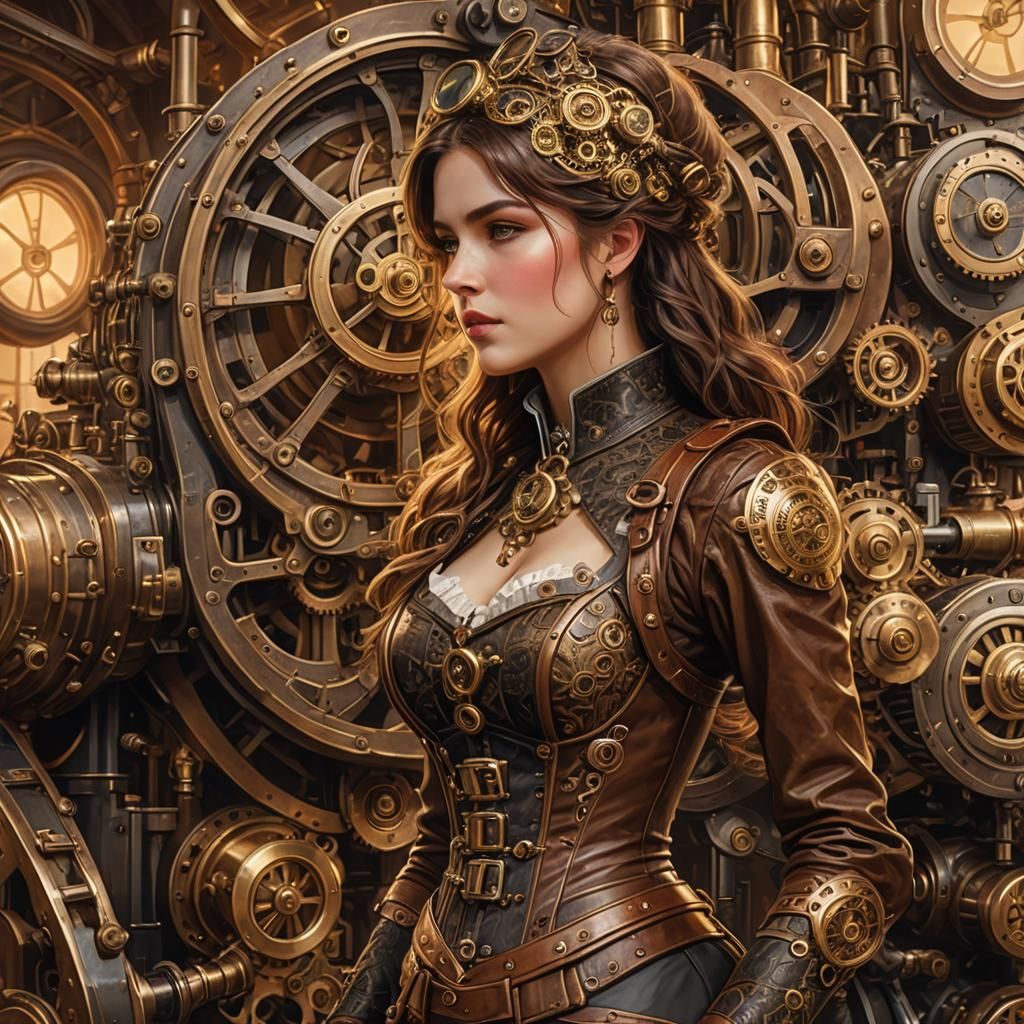 Steampunk Woman Inspecting Engine with Brass Details