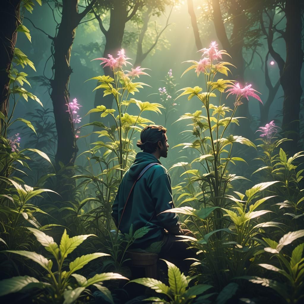 Vibrant Surrealism: Glowing Magic Weed in Dreamy Landscape