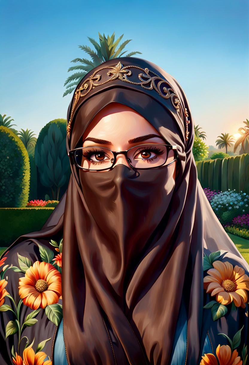 Elegant Woman in Niqab in Garden, Oil Painting Style