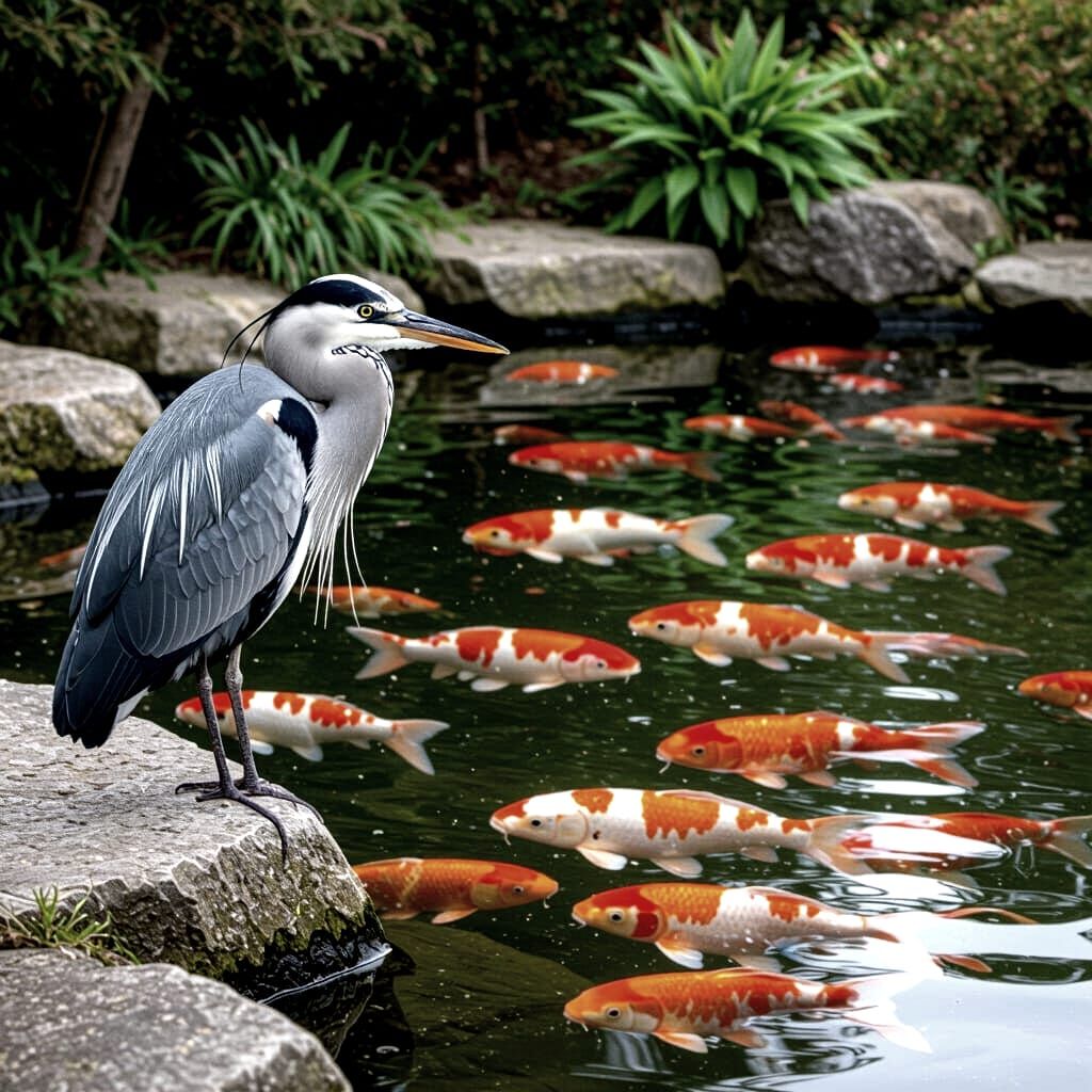 Heron Lurking by Koi Pond Ready to Strike