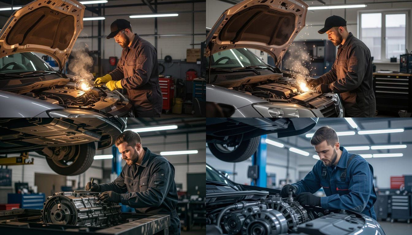Mechanic Works Underneath Car in Auto Shop