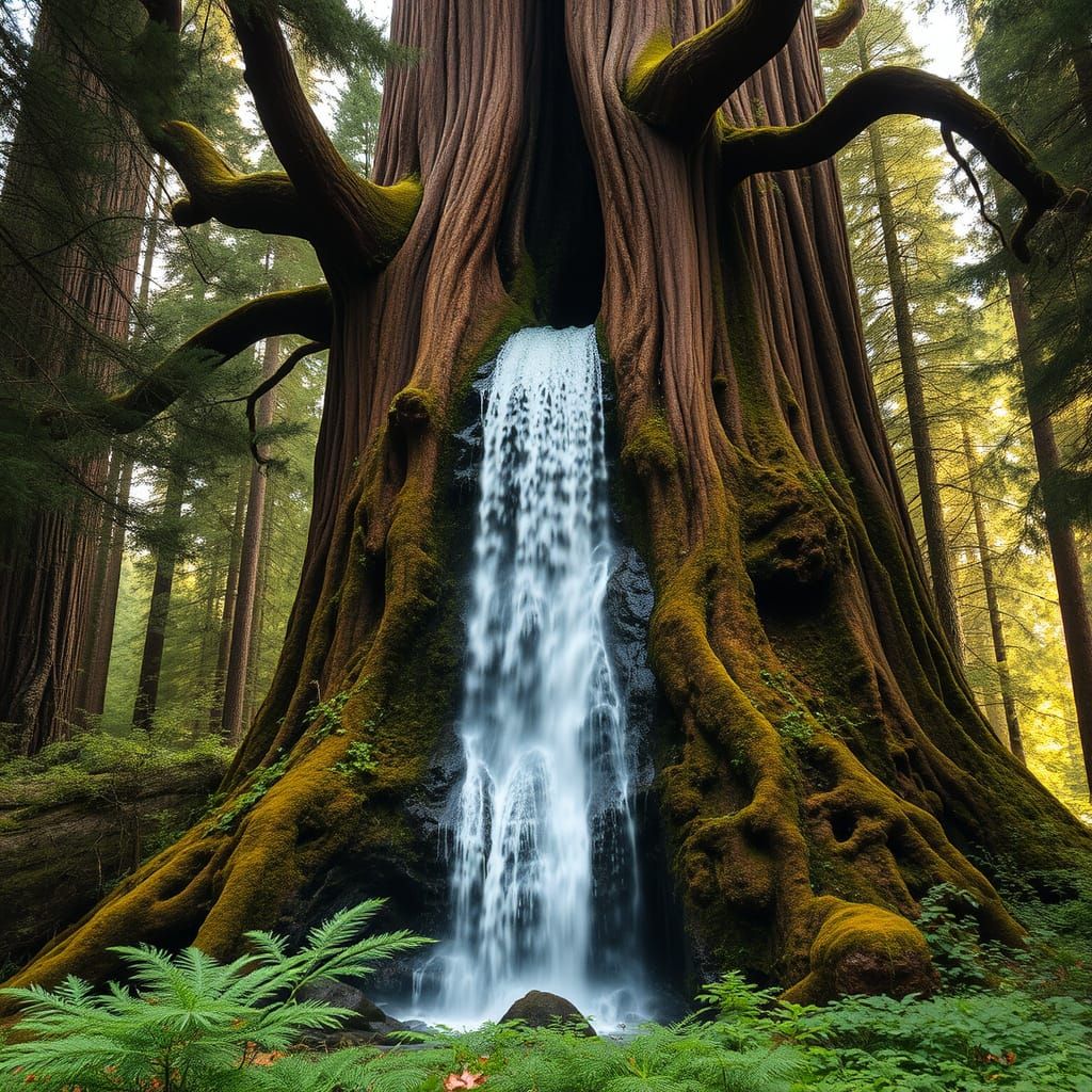 Waterfall Flows From Giant Forest Tree