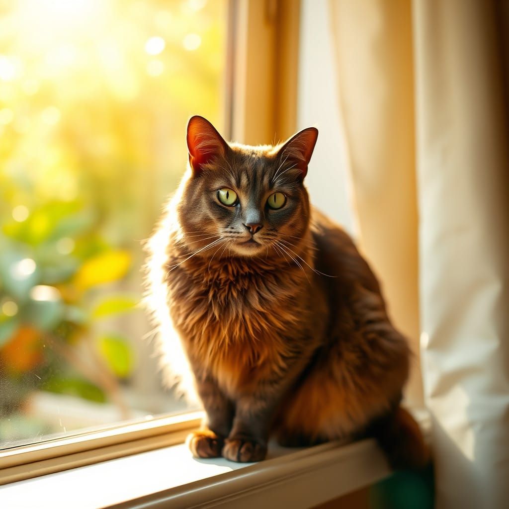 Elegant Cat Basks in Golden Sunlight on the Windowsill
