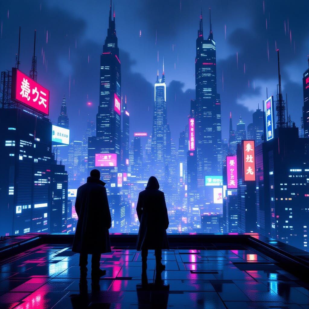Cyberpunk Metropolis Twilight Rooftop View
