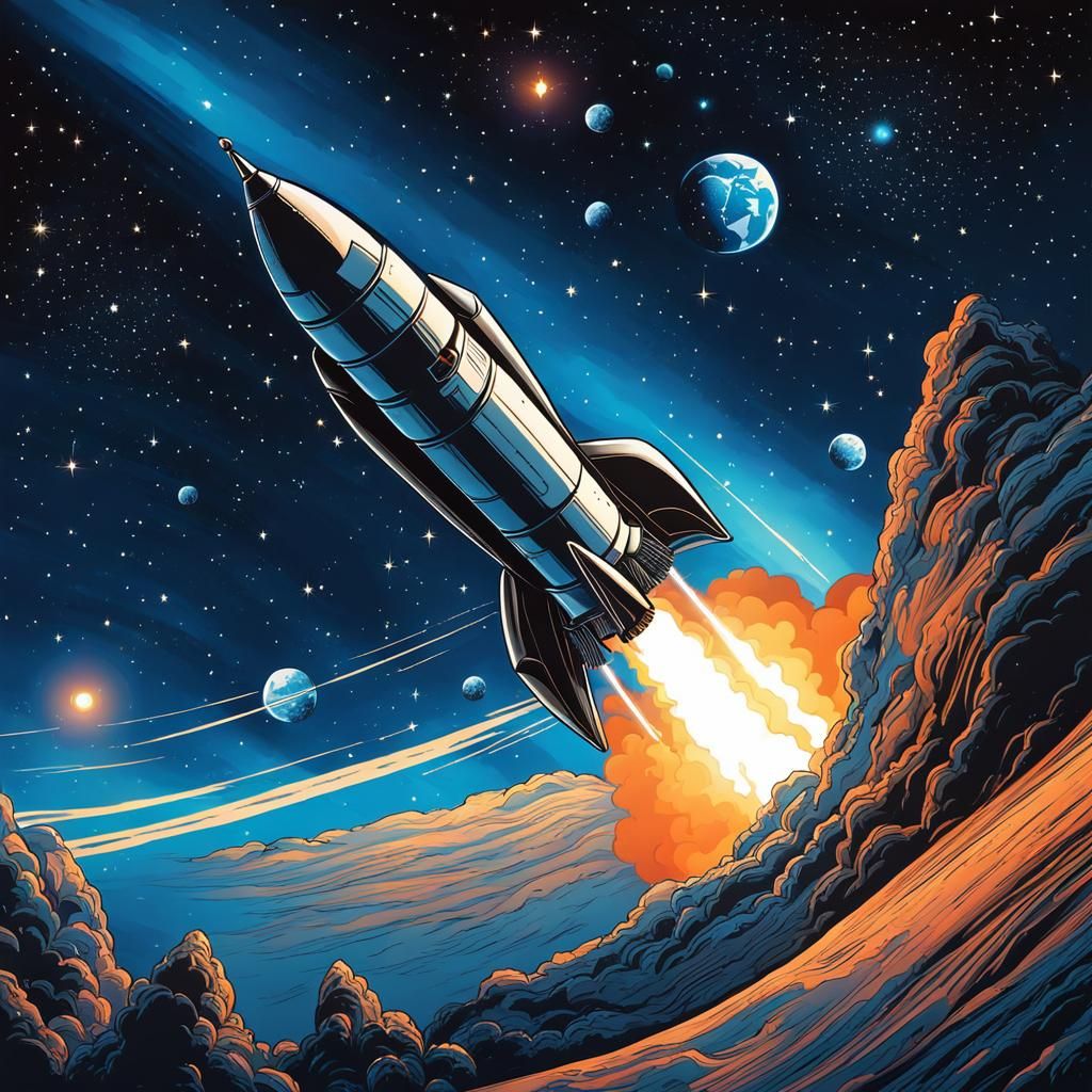 Rocket Ship Orbiting Earth in Cosmic Nebula