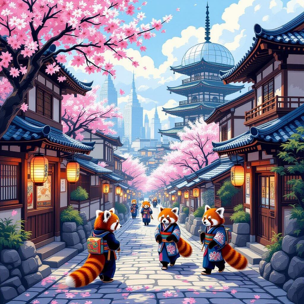 Red Pandas in Japanese Attire on Lantern-Lit Streets