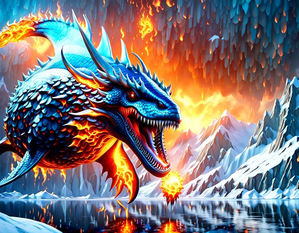 Fiery Icy Dragon-Whale Soaring Over Mountains