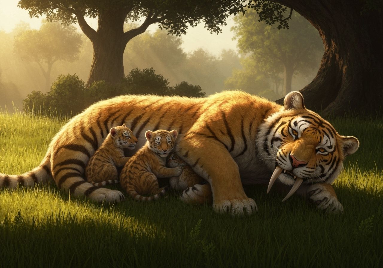 Sabertooth Mother Nursing Cubs in Lush Prehistoric Landscape