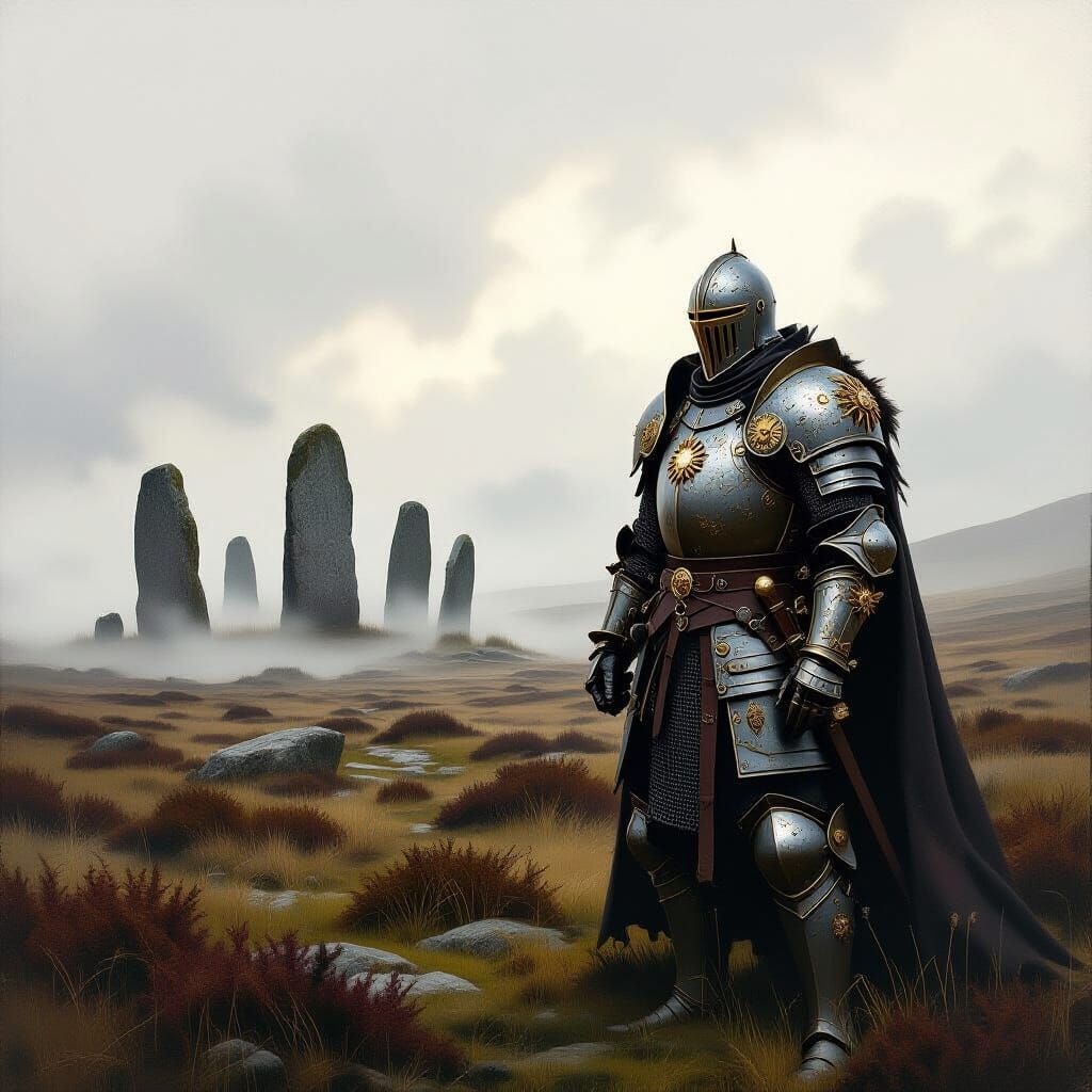 Steampunk Knight on Scottish Moor in Oil Painting Style