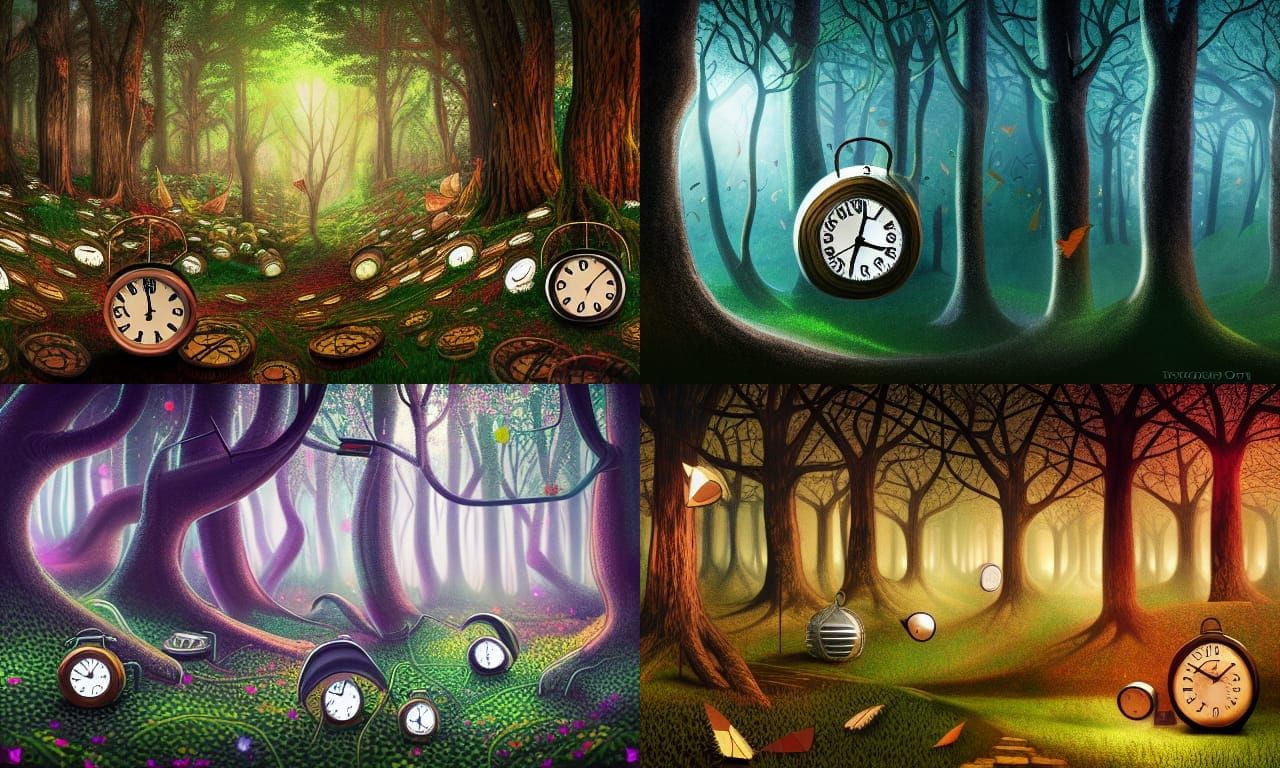 Magic Forest with Broken Clocks: Digital Illustration