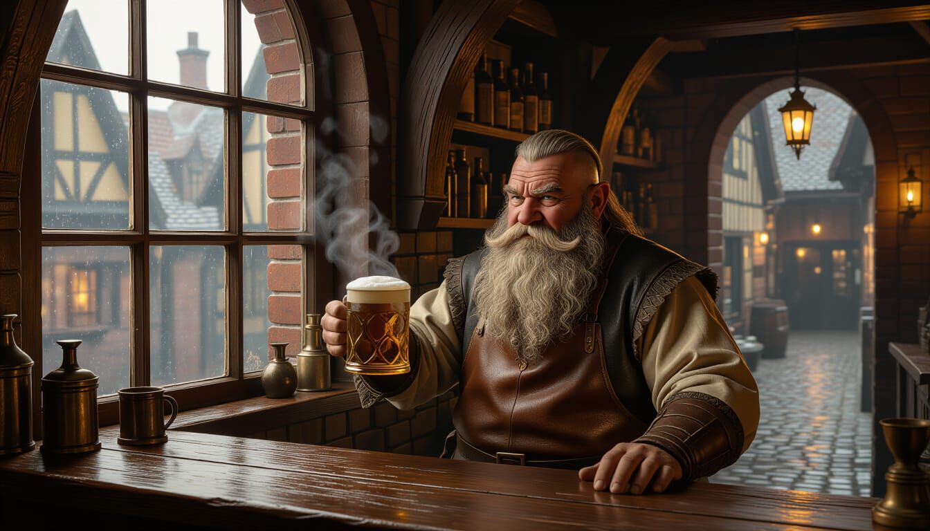 Dwarf Bartender Serves Beer in Dimly Lit Tavern