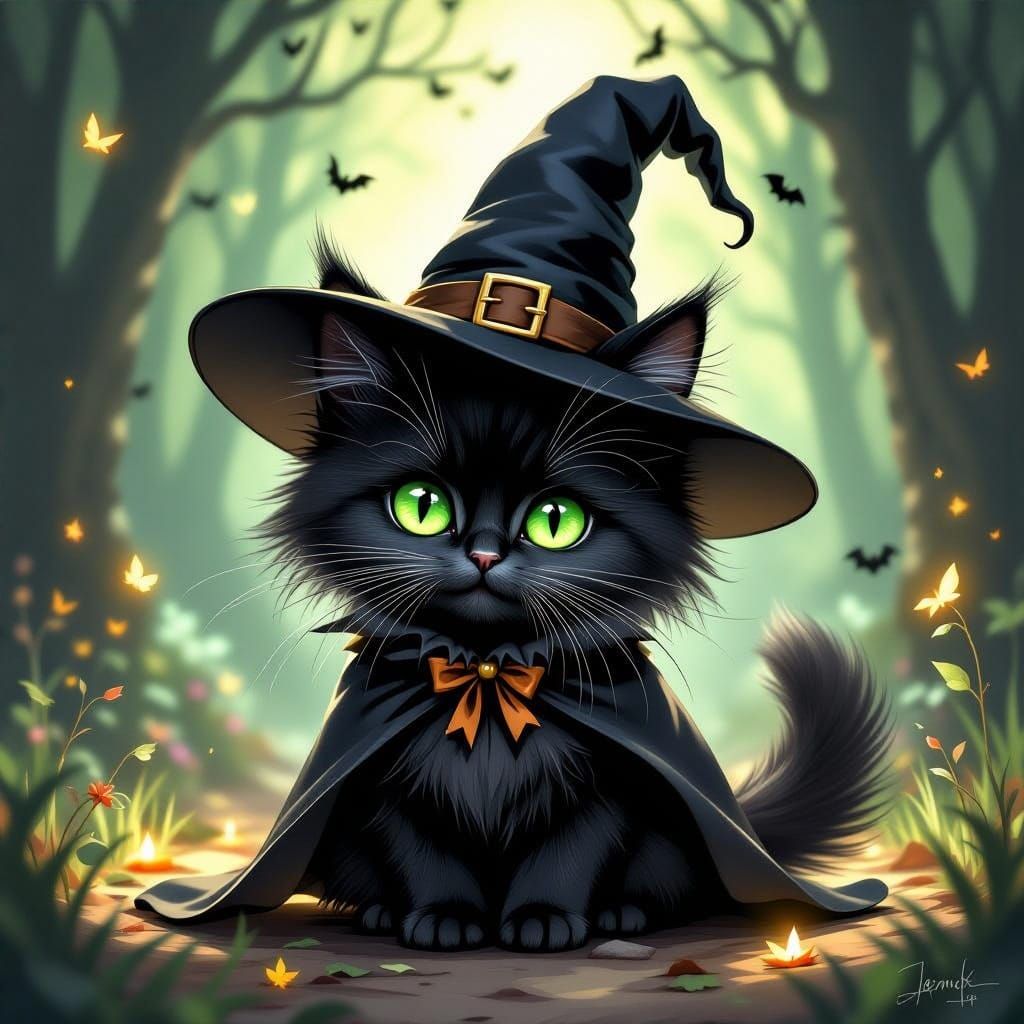 Mystical Black Cat Witch in Dramatic Fantasy Art Style