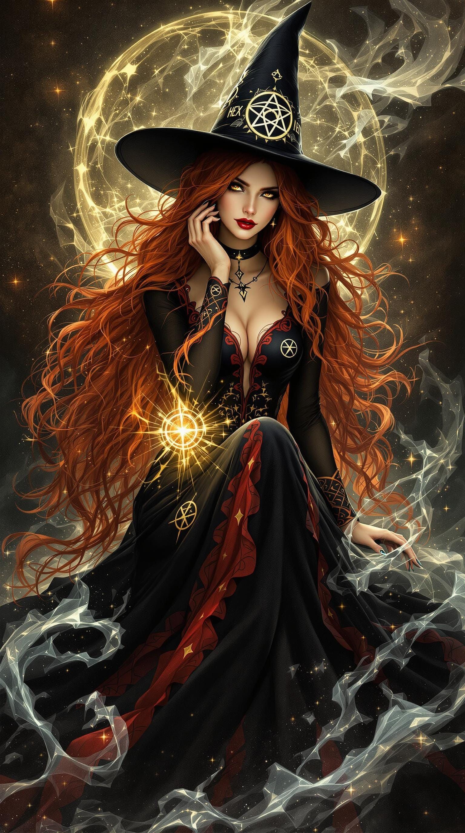 Mysterious Hexe with Fiery Red Hair and Ancient Secrets