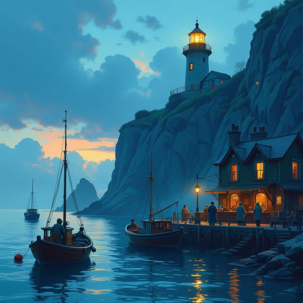 Fishermen in Harbour Pub Matte Painting