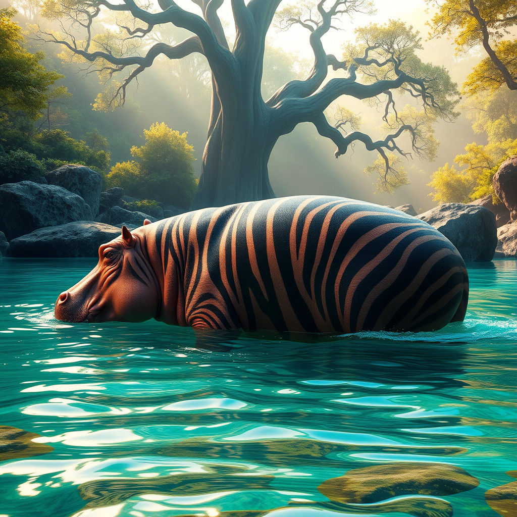 Zebra-Striped Hippo in Turquoise Water, Digital Art